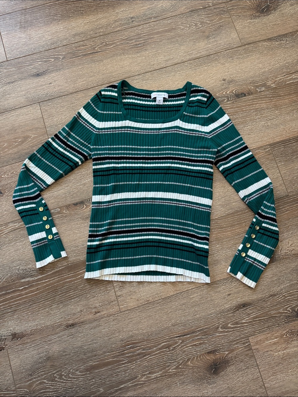 Liz Claiborne Emerald Green & Black Striped Ribbed Lightweight Sweater Size: Med